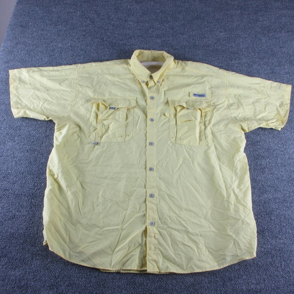 Columbia PFG Shirt Mens 2XL Yellow Short Sleeve Button Up Omni-Shade Fishing UV